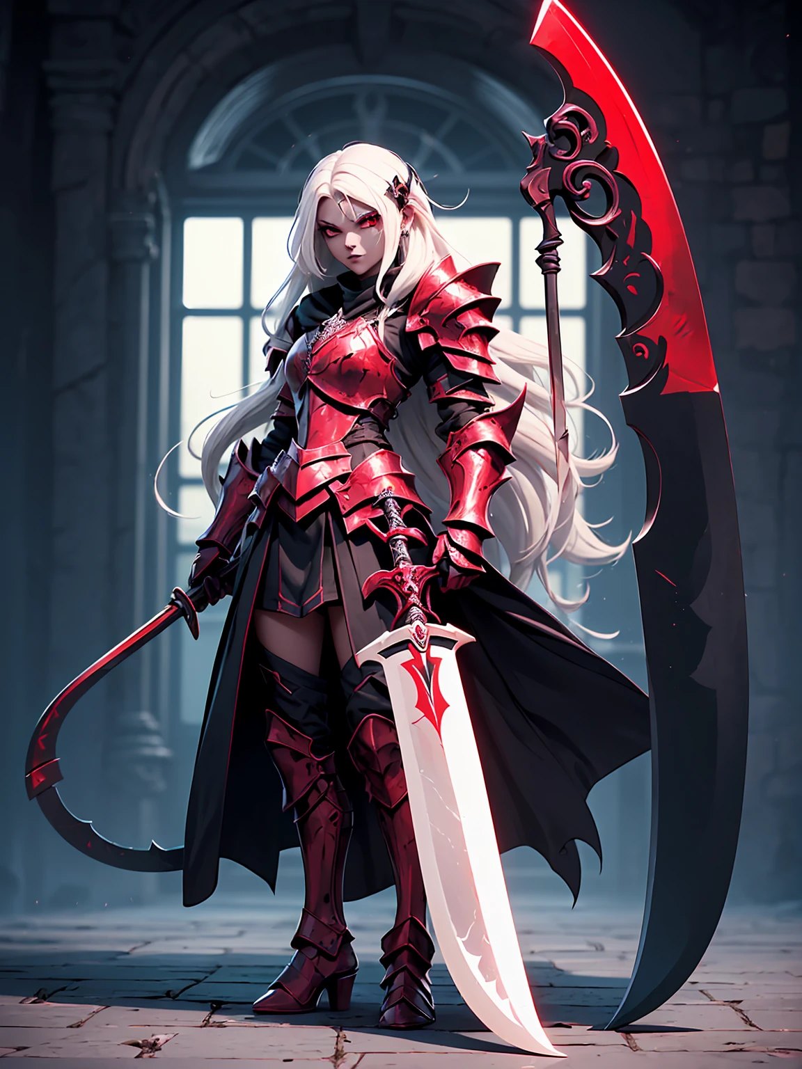 (((Masterpiece, best quality, 16k))) female character with long white hair and piercing red eyes. She wears a demonic armor in purple, black, and white. wields a large, stylized scythe. The character has a menacing expression, with a chaotic environment as the background. ((full body front view)). ((slender)), (extremely detailed:1.5), (long white hair:1.2), (piercing red eyes:1.2), (chaotic environment:1.1), (demonic armor:1.3), (stylized scythe:1.3).
