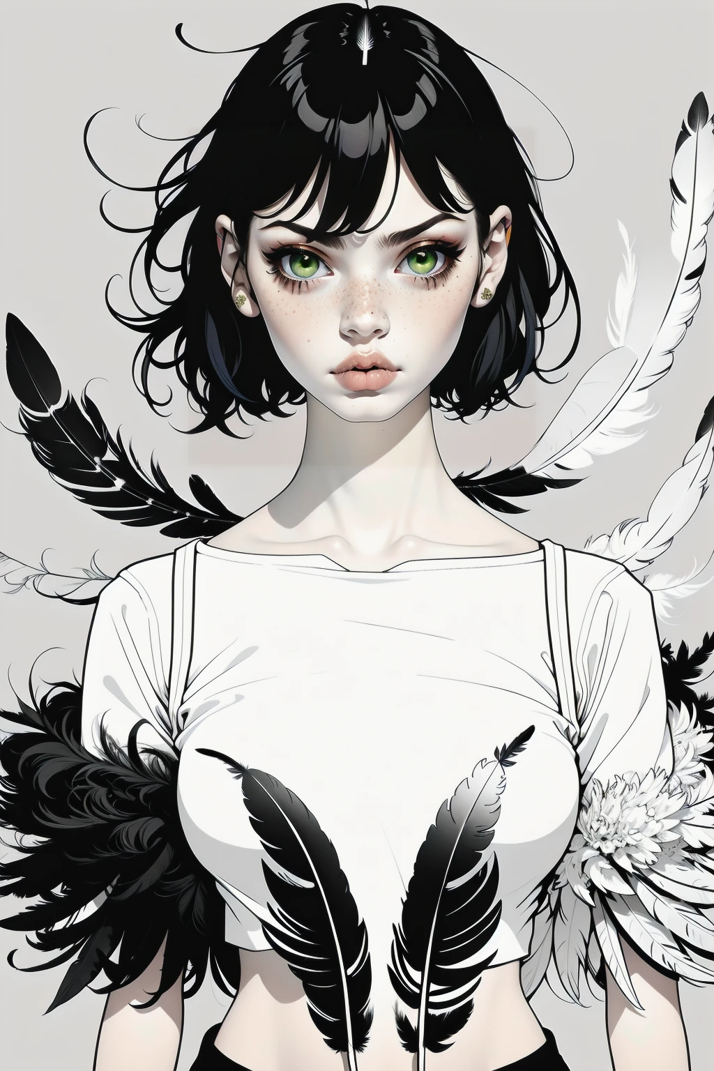 Partial Coloring, line style, (masterpiece, best quality:1.2), (Simple background:1.5), 1 girl, (Black and white feathers, Symmetrical composition:1.25)
