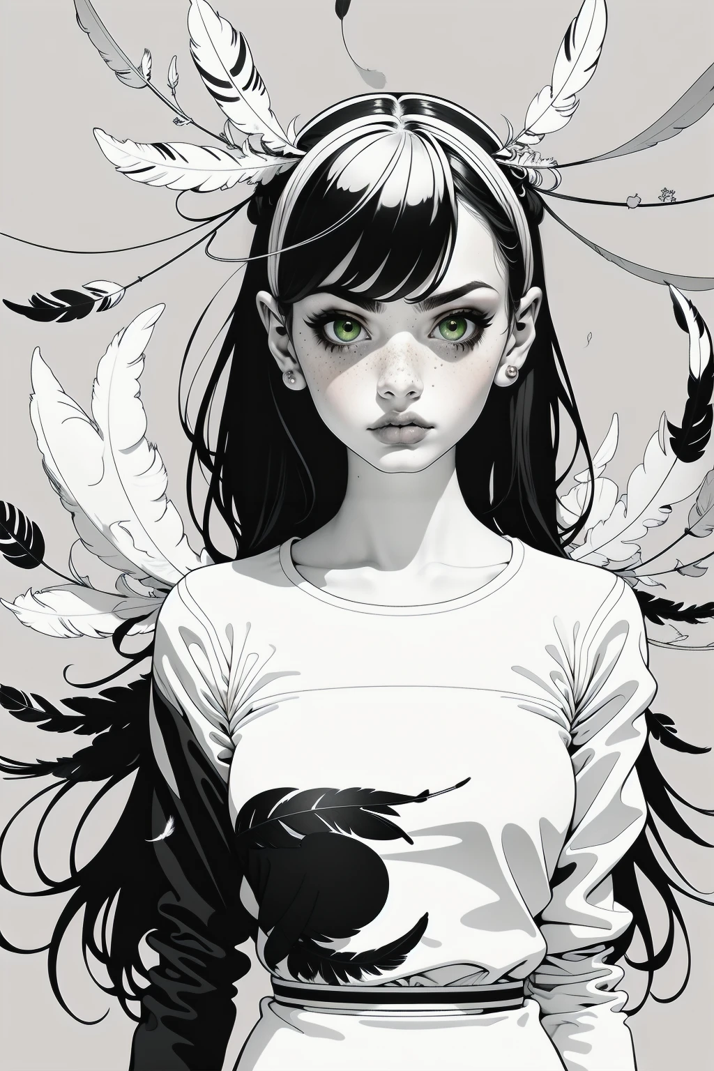 Partial Coloring, line style, (masterpiece, best quality:1.2), (Simple background:1.5), 1 girl, (Black and white feathers, Symmetrical composition:1.25)
