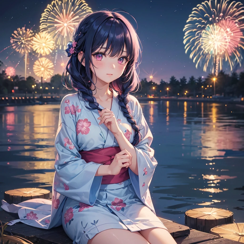 (Sky Blue Medium Hair:1.2), (Braided Hair),(Pink Eyes),Fair skin ,(whole body),(1 girl)、Floral Yukata、summer night、Extra-large fireworks filling the night sky、Big fireworks、Watching the fireworks while sitting next to each other、Straight bangs,(masterpiece, Highest quality, Very detailed, Best Shadow), (Detailed Background), (Beautifully detailed face), High Contrast, (Best lighting, Very delicate and beautiful), ((Cinematic Light)), colorful, Hyper Detail 8k, Dramatic Light, Intricate details,Fireworks reflected on the water surface