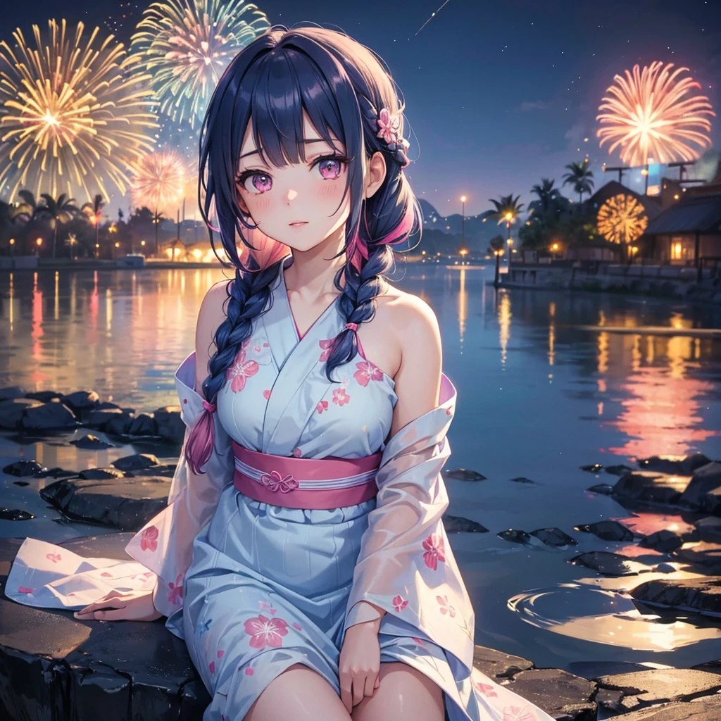 (Sky Blue Medium Hair:1.2), (Braided Hair),(Pink Eyes),Fair skin ,(whole body),(1 girl)、Floral Yukata、summer night、Extra-large fireworks filling the night sky、Big fireworks、Watching the fireworks while sitting next to each other、Straight bangs,(masterpiece, Highest quality, Very detailed, Best Shadow), (Detailed Background), (Beautifully detailed face), High Contrast, (Best lighting, Very delicate and beautiful), ((Cinematic Light)), colorful, Hyper Detail 8k, Dramatic Light, Intricate details,Fireworks reflected on the water surface