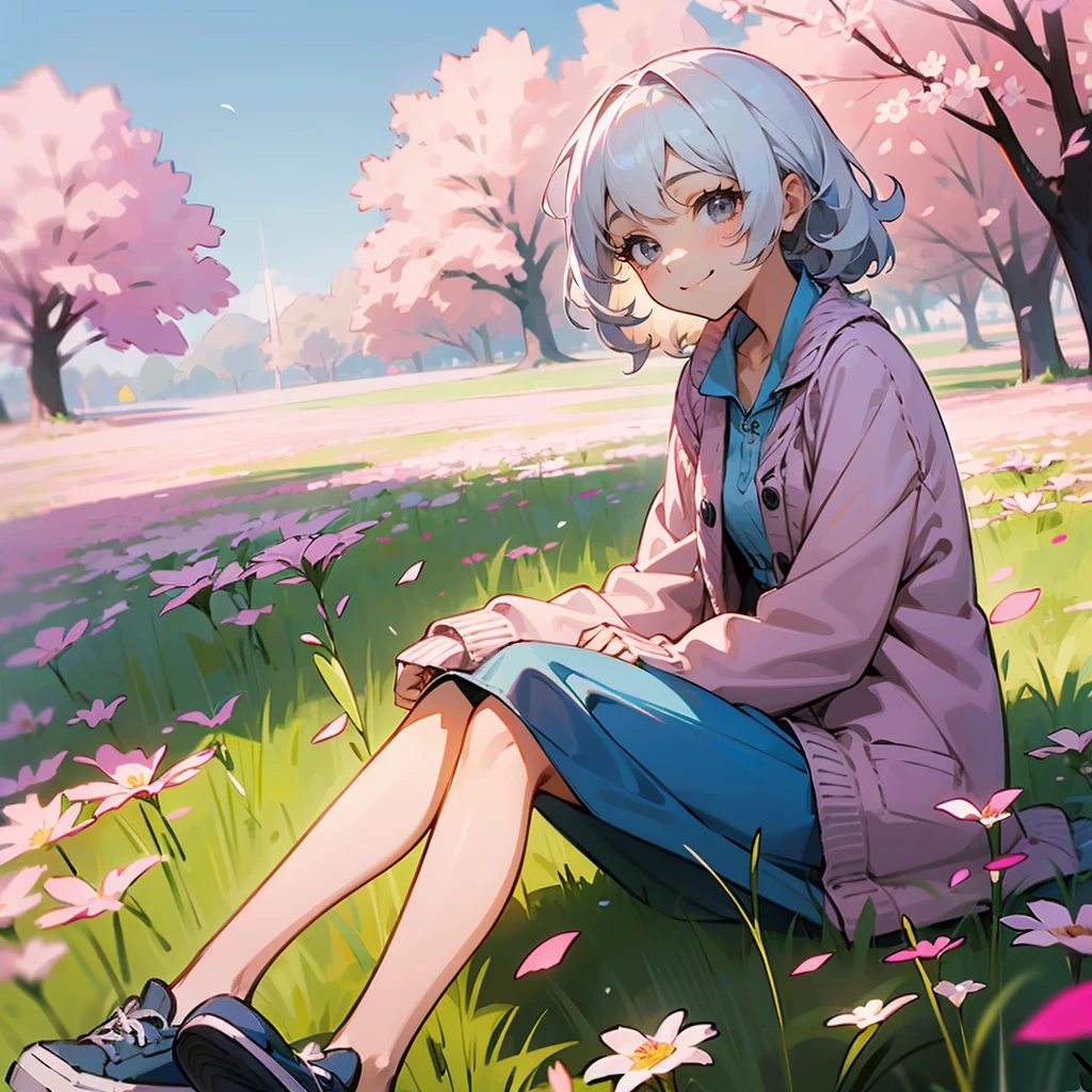 1female, White Hair, Blue Summer Dress, Curly Hair, Pink Cardigan, Casual Shoes, Grey Eyes, Smiling, , Adult Female, Flower Meadow, Sitting Among the Blossoms