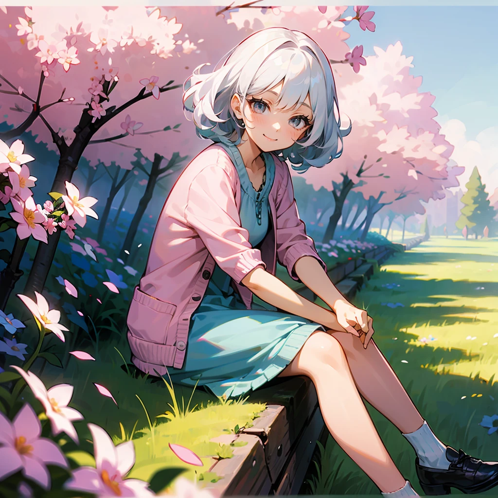 1female, White Hair, Blue Summer Dress, Curly Hair, Pink Cardigan, Casual Shoes, Grey Eyes, Smiling, , Adult Female, Flower Meadow, Sitting Among the Blossoms