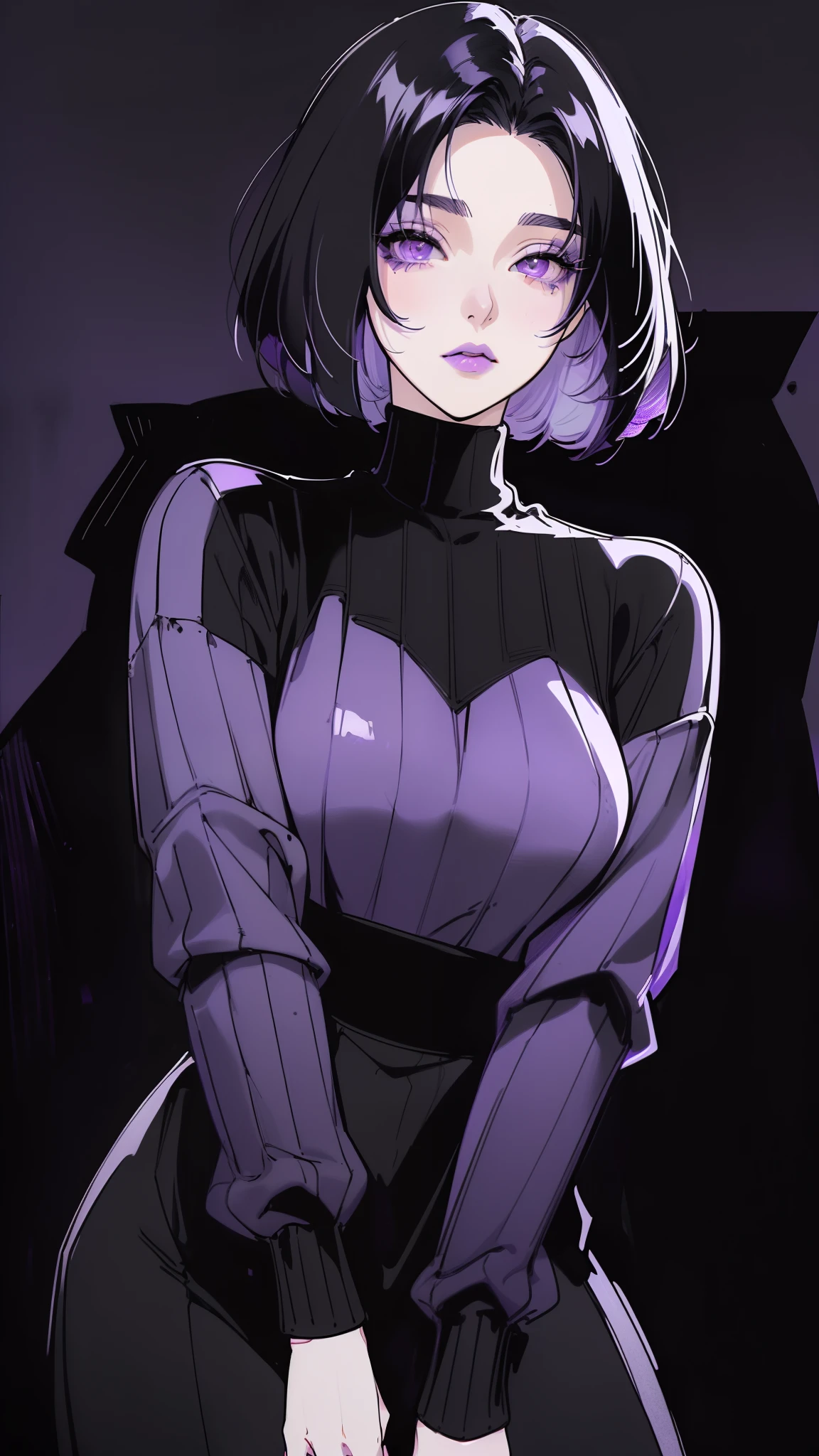 (best quality, sketch:1.2), dark monochrome background, anime,illustrator,anime,1 girl, detailed lips,sweater,custom, ( background dark),neon hair,textured cropping,Canadian, masterpiece, style retro classic, noir dark, art, sketch book, (bob hair purple:1.35, black:1.55), bad women 