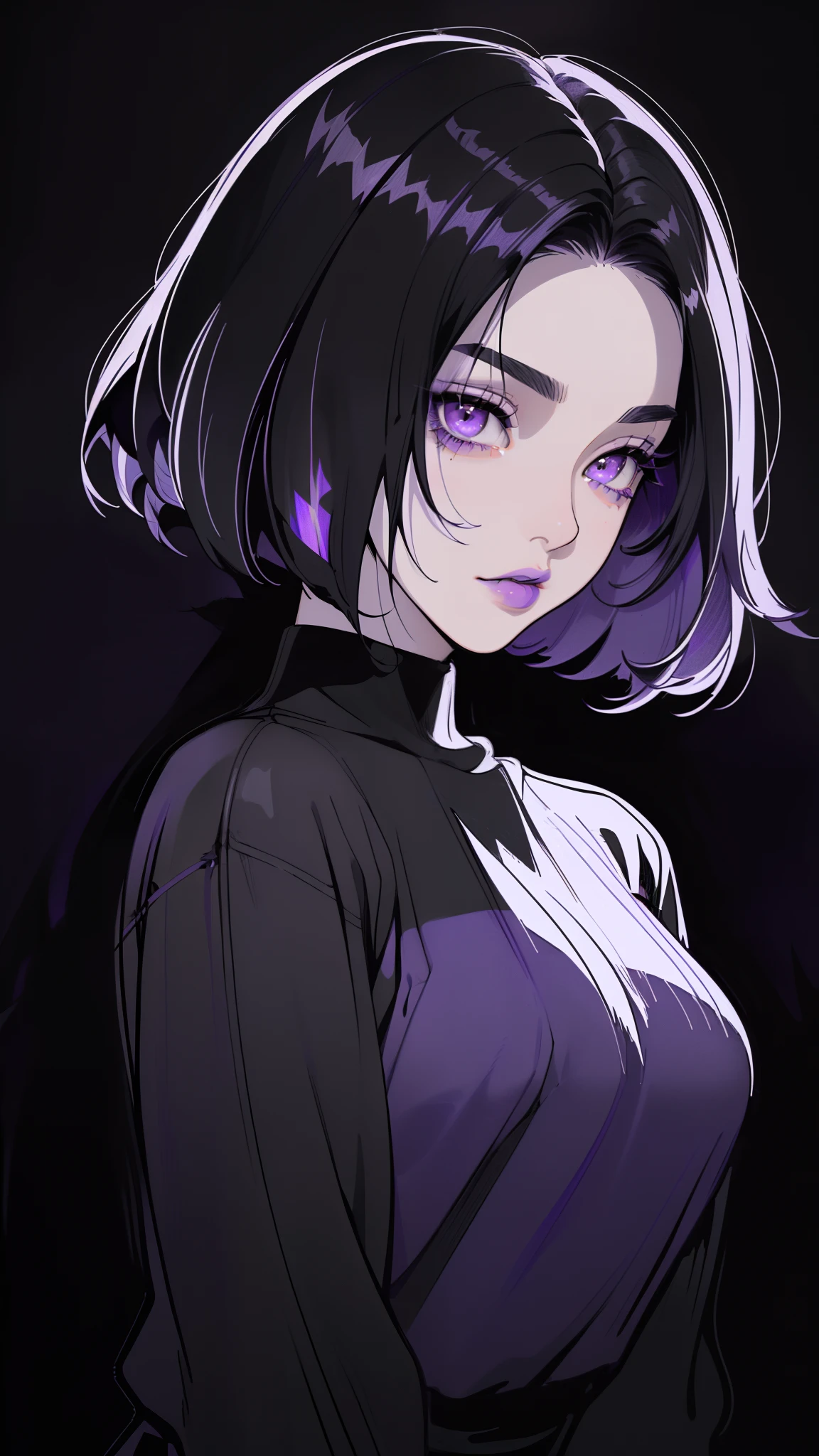 (best quality, sketch:1.2), dark monochrome background, anime,illustrator,anime,1 girl, detailed lips,sweater,custom, ( background dark),neon hair,textured cropping,Canadian, masterpiece, style retro classic, noir dark, art, sketch book, (bob hair purple:1.35, black:1.55), bad women
