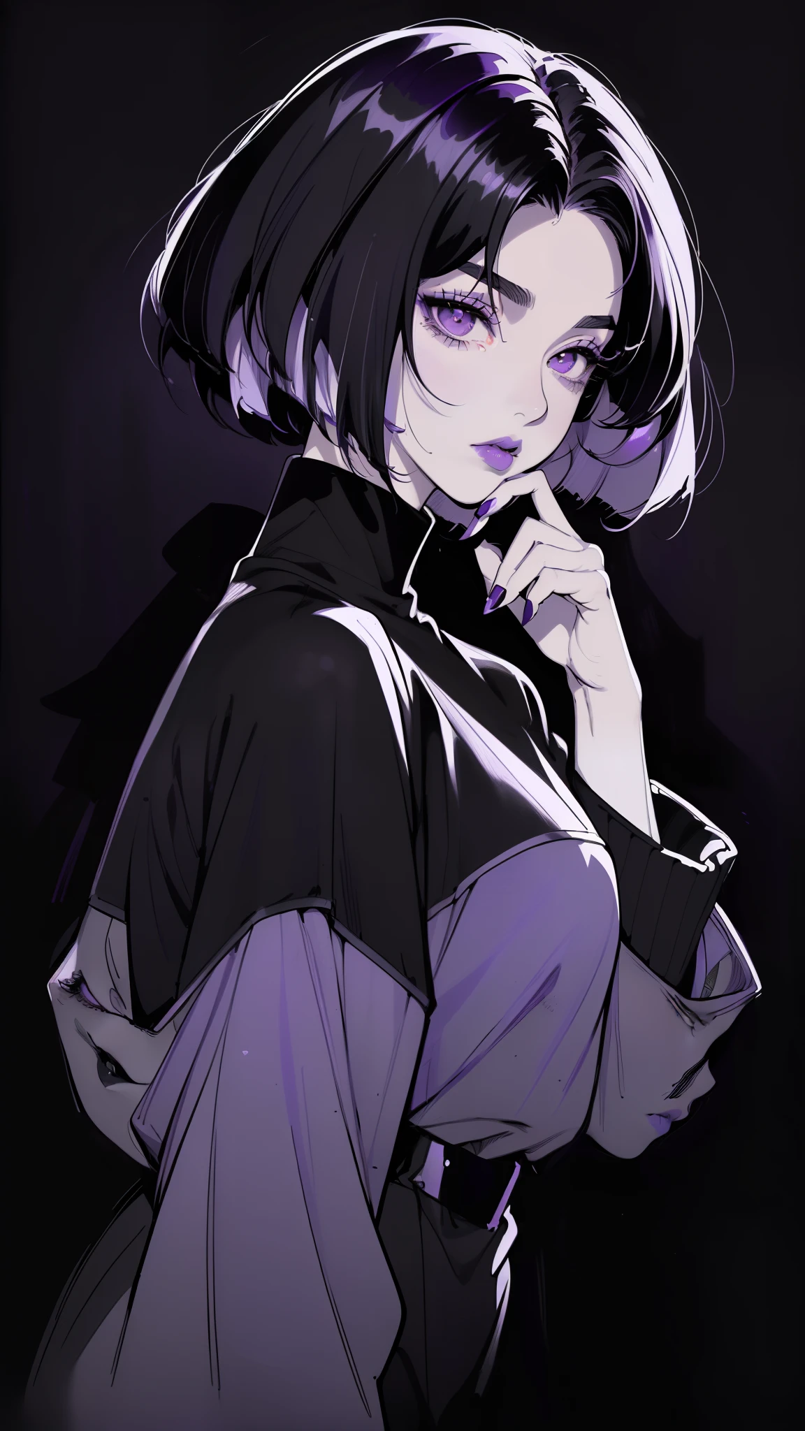 (best quality, sketch:1.2), dark monochrome background, anime,illustrator,anime,1 girl, detailed lips,sweater,custom, ( background dark),neon hair,textured cropping,Canadian, masterpiece, style retro classic, noir dark, art, sketch book, (bob hair purple:1.35, black:1.55), bad women 