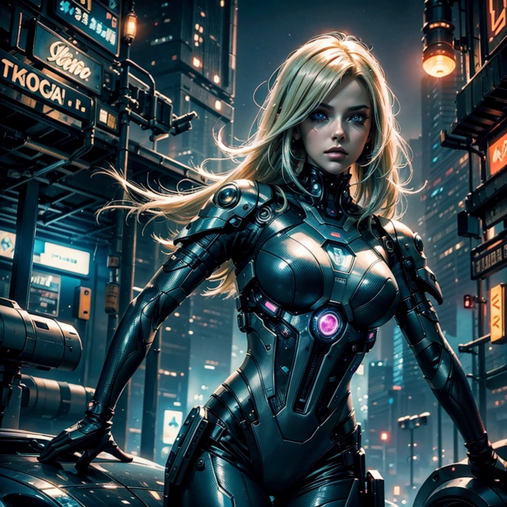 a futuristic cyberpunk woman with blonde hair,beautiful detailed eyes,beautiful detailed lips,extremely detailed face and eyes,longeyelashes,wearing a futuristic outfit,embracing a mysterious android,dimly lit planetary colony,industrial structures,neon lights,impending danger,romantic atmosphere,photorealistic,8k,ultra-detailed,masterpiece,cinematic lighting,dramatic composition,moody colors,neon cyberpunk,science fiction,concept art