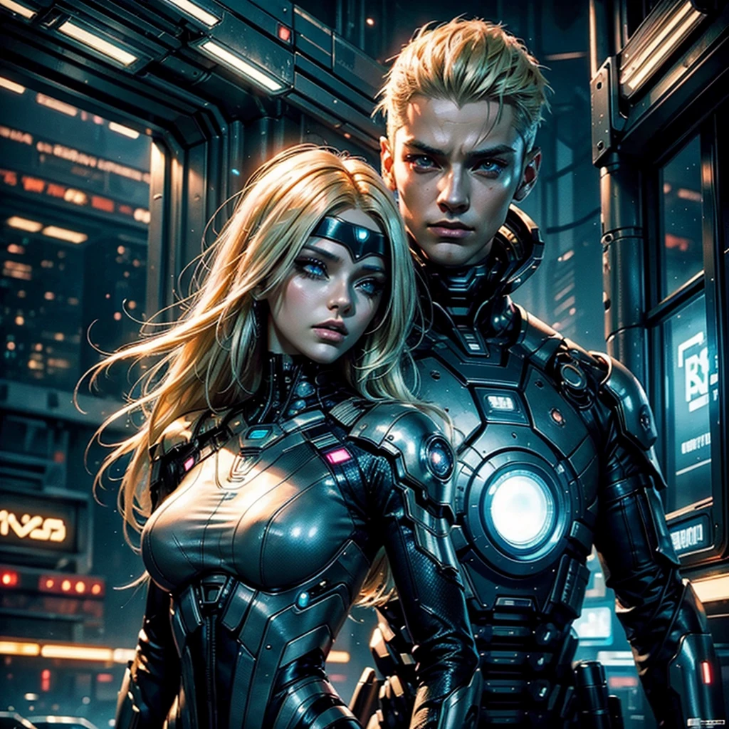 a futuristic cyberpunk woman with blonde hair,beautiful detailed eyes,beautiful detailed lips,extremely detailed face and eyes,longeyelashes,wearing a futuristic outfit,embracing a mysterious android,dimly lit planetary colony,industrial structures,neon lights,impending danger,romantic atmosphere,photorealistic,8k,ultra-detailed,masterpiece,cinematic lighting,dramatic composition,moody colors,neon cyberpunk,science fiction,concept art