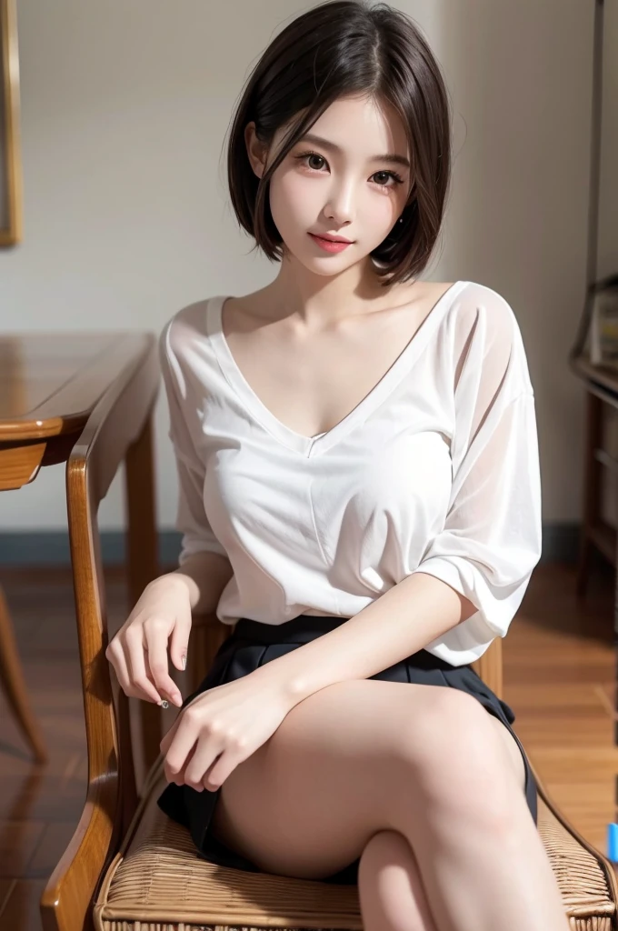 masterpiece、Highest quality、High resolution、wallpaper、Realistic、Bright lighting、Professional Lighting、Face Light、Smooth lighting、Japanese Girls、Beautiful woman、gravure、so beautiful、Beautiful Skin、Beautiful and detailed、Detailed face、slim、Moderate、short hair、Looking into the camera、mini skirt,No makeup,Innocent face、Sitting in a chair,White ,See-through blouse,(Realistic Skin),smile、Sexy po