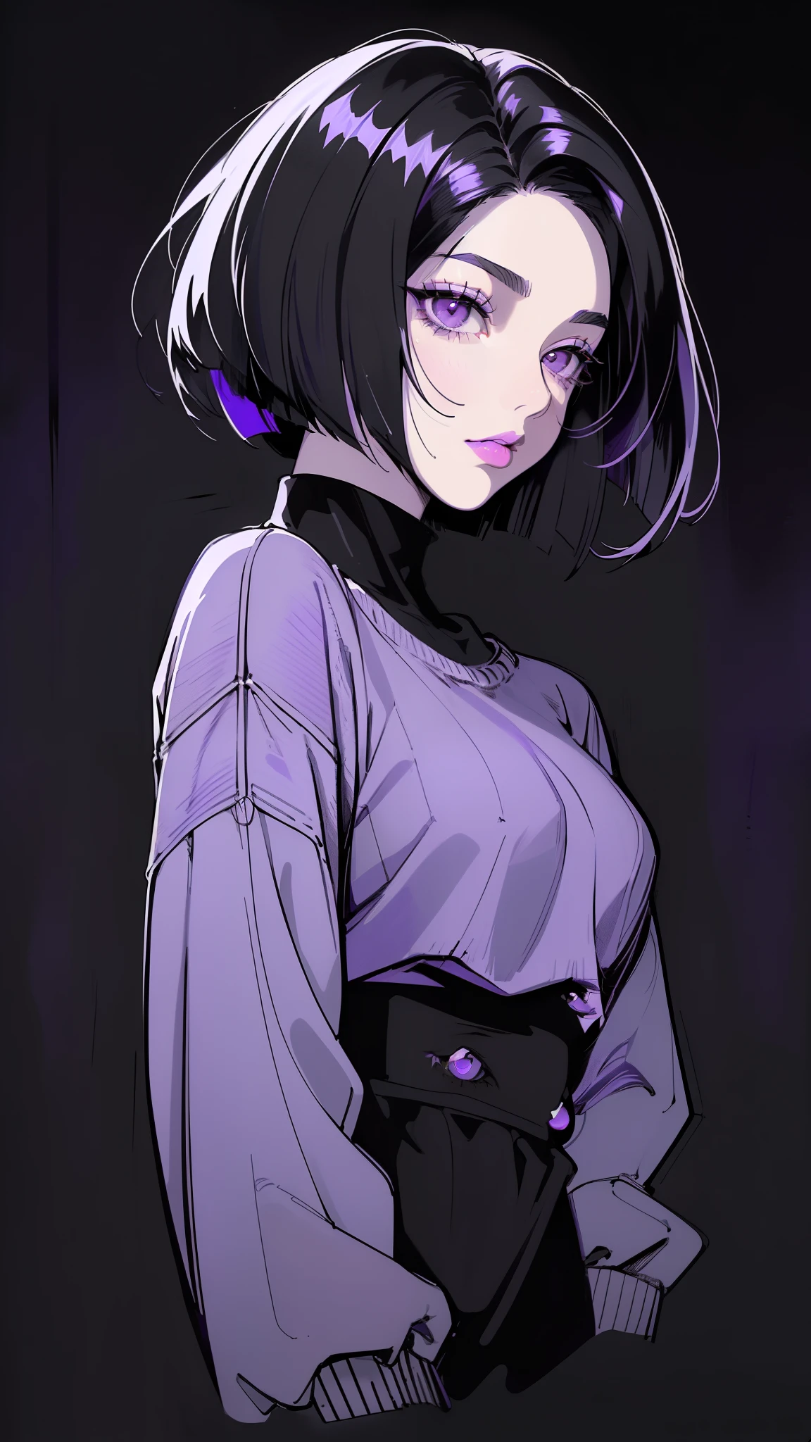 (best quality, sketch:1.2), dark monochrome background, anime,illustrator,anime,1 girl, detailed lips,sweater,custom, ( background dark),neon hair,textured cropping,Canadian, masterpiece, style retro classic, noir dark, art, sketch book, (bob hair purple:1.35, black:1.55), bad women 