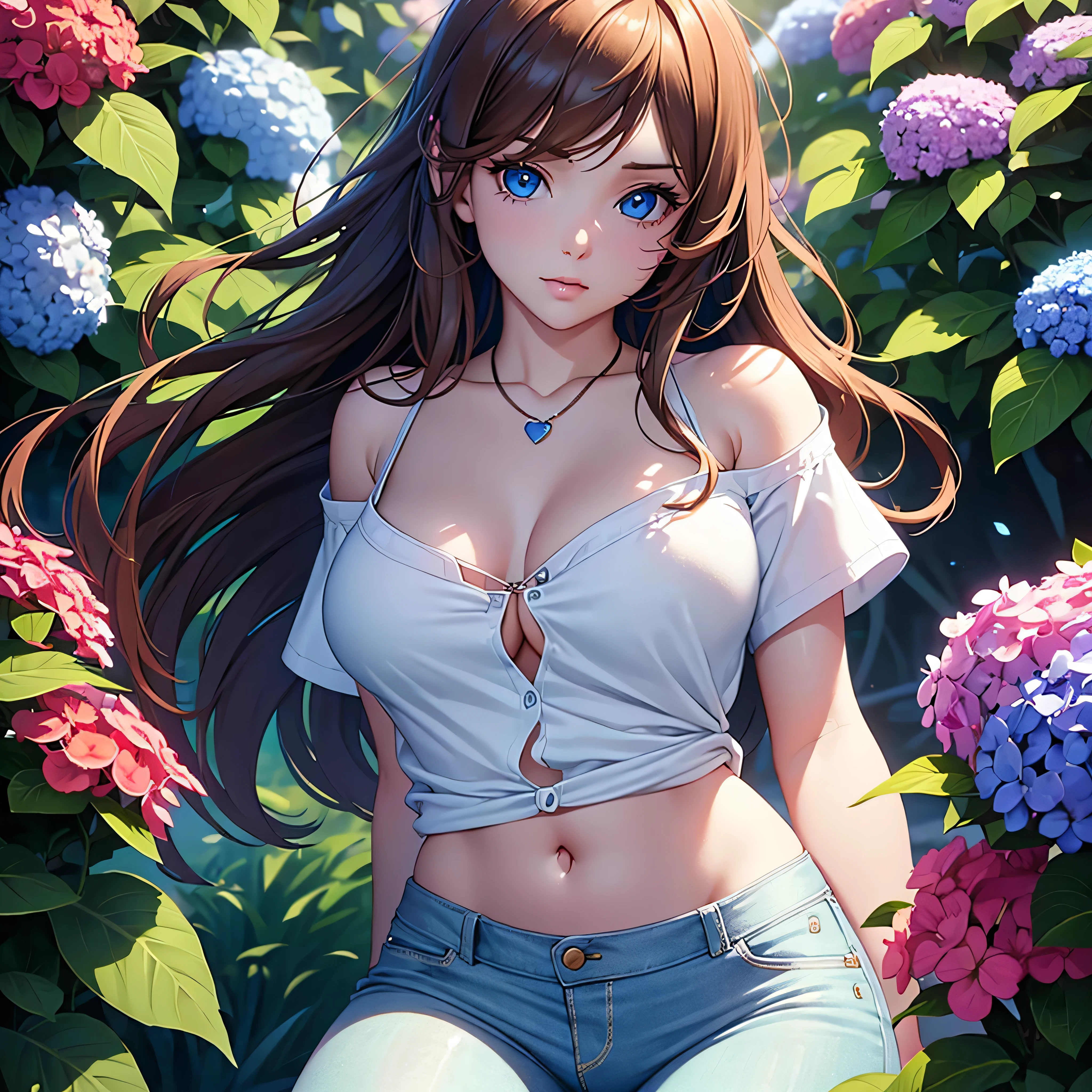 a beautiful woman with long brown hair, blue eyes, wearing a white shirt and hot pants, holding a neon red heart necklace, looking at the viewer, in a night scene with colorful hydrangeas, (best quality,4k,8k,highres,masterpiece:1.2),ultra-detailed,(realistic,photorealistic,photo-realistic:1.37),cinematic lighting,intricate details,vibrant colors,stunning portrait,elegant fashion
