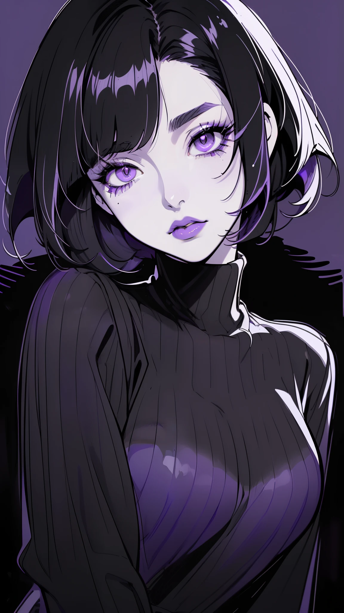 (best quality, sketch:1.2), dark monochrome background, anime,illustrator,anime,1 girl, detailed lips,sweater,custom, ( background dark),neon hair,textured cropping,Canadian, masterpiece, style retro classic, noir dark, art, sketch book, (bob hair purple:1.35, black:1.55), bad women
