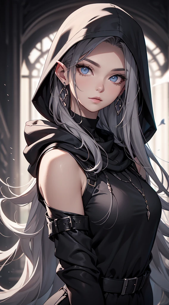 White elf girl, dark grey hair color, very long flowing hair, grey eye color, small eyes, round eye shape, eyeliner, realistic face shape. black shirt, portrait, wearing a black hood, black background, Depth of Field. looking at camera, dreamy look detailed eyes, detailed face, detailed skin, Ultra Detailed, Beautiful and Aesthetic, Masterpiece, Best Quality, shoulders showing. fish net fabric, round chin shape. wearing black hood over hair. showing full upper body and face. wearing a black hood, alot of flairs in background, zoomed out, black and white. glowing,