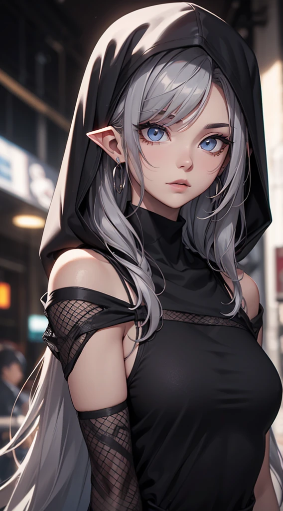 White elf girl, dark grey hair color, very long flowing hair, grey eye color, small eyes, round eye shape, eyeliner, realistic face shape. black shirt, portrait, wearing a black hood, black background, Depth of Field. looking at camera, dreamy look detailed eyes, detailed face, detailed skin, Ultra Detailed, Beautiful and Aesthetic, Masterpiece, Best Quality, shoulders showing. fish net fabric, round chin shape. wearing black hood over hair. showing full upper body and face. wearing a black hood, alot of flairs in background, zoomed out, black and white. glowing,