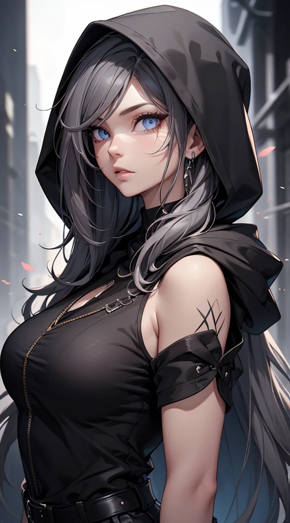 White elf girl, dark grey hair color, very long flowing hair, grey eye color, small eyes, round eye shape, eyeliner, realistic face shape. black shirt, portrait, wearing a black hood, black background, Depth of Field. looking at camera, dreamy look detailed eyes, detailed face, detailed skin, Ultra Detailed, Beautiful and Aesthetic, Masterpiece, Best Quality, shoulders showing. fish net fabric, round chin shape. wearing black hood over hair. showing full upper body and face. wearing a black hood, alot of flairs in background, zoomed out, black and white. glowing,