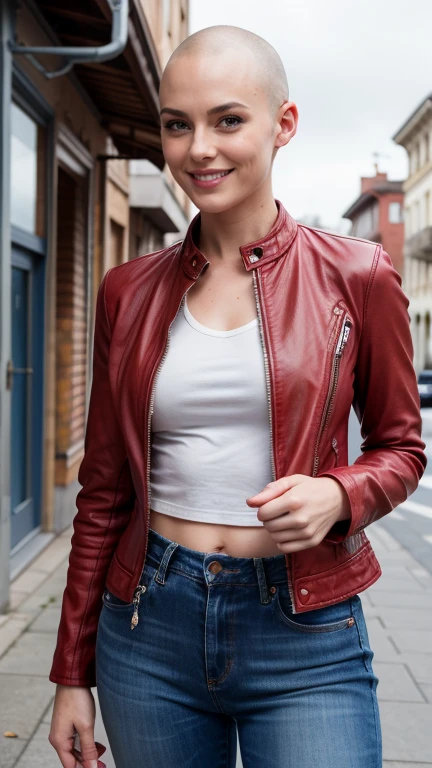 photo of a bald woman, buzzcut, beautiful, smiling, makeup, 30's, red leather jacket, top,jeans, (freckles:0.8) strong face, in the streets, detailed eyes, blue eyes