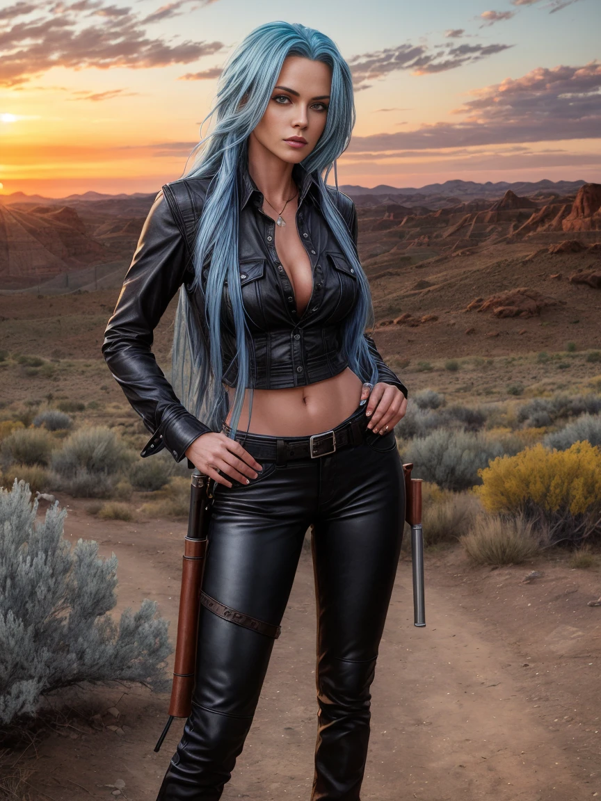 full body realism, a woman with long blue hair wearing black leather pants and a plaid shirt is standing next to a gun holster in front of a wild west landscape at sunset