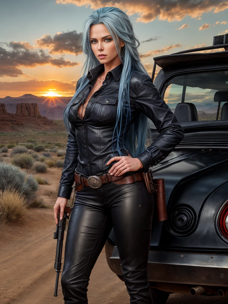 full body realism, a woman with long blue hair wearing black leather pants and a plaid shirt is standing next to a gun holster in front of a wild west landscape at sunset
