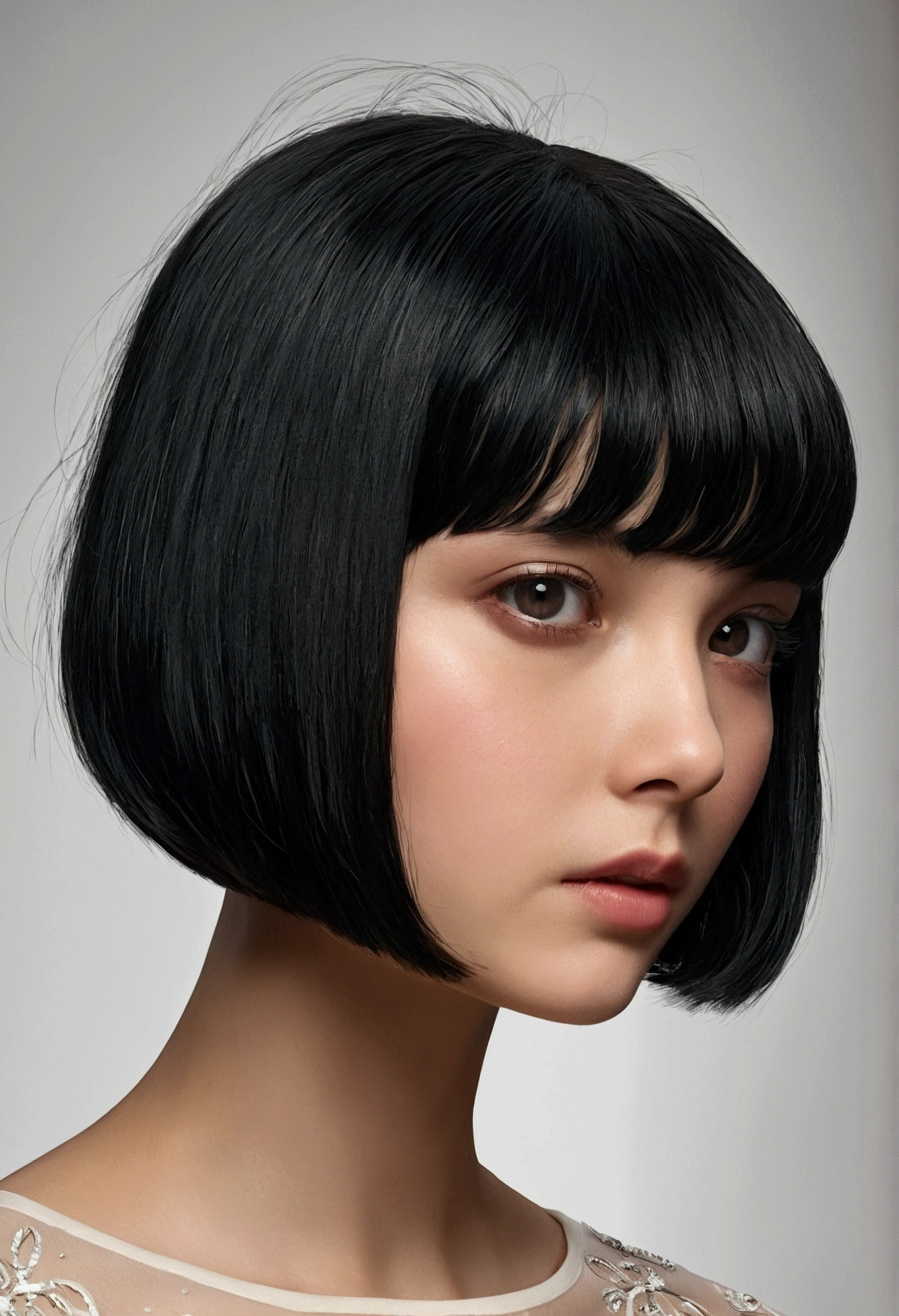 a girl with a short bob black haircut like up till her ear covering on of her eyes, bliding bangs