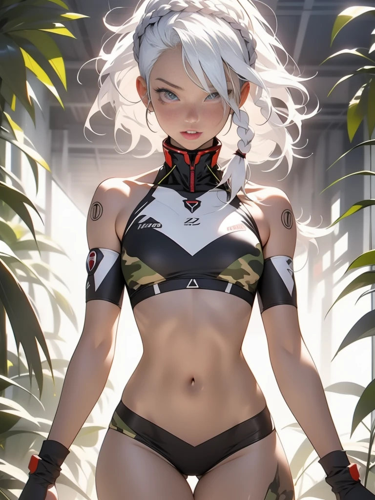 ((Best quality)), ((Masterpiece)), (Detailed: 1.4), (absurderes), A female fighter pilot wears a military bikini ready to fight, sailors, dark-skin, Sculptural definition of the body, full bodyesbian, bare thighs, Mouth closed,  Cyberpunk, Half-naked, generous neckline, ((perfect pubic)), , (((Military camouflage bikini)),  (((white hair with braid)))), long eyelashes heavy makeup, Harnes, Lots of pairings, niji --V5, near the real, psychopath, s the perfect face, Sexy pose, Background with a huge Evangelion head, 2 piece clothes, Cupcakes, Centered, Scale to fit the dimensions, hdr (HighDynamicRange),Ray tracing, NVIDIA RTX,Hyper-Resolution,Unreal 5,and the underground is scattered, PBR Texture, post-proces, Anisotropy Filtering, depth of fields, Maximum clarity and sharpness, Many-Layer Textures, Albedo and specular maps, Surface Coloring, Accurate simulation of light-material interaction, perfectly proportions, rendering by octane, twotonelighting, Grand opening, Low ISO, White balance, Rule of thirds, 8K raw data, Crysis nanoset bikini, thigh gap, Beautiful buttocks, Slim thighs,