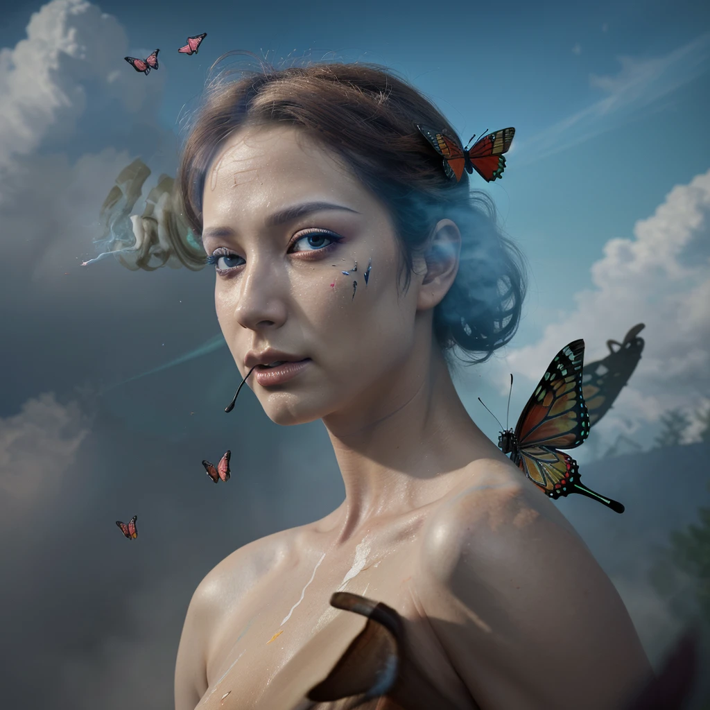 Flying butterfly ,High resolution,masterpiece, action painting, The best quality, 3D rendering, colorful smoke trail..UHD,