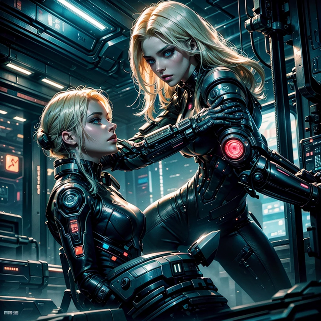 a futuristic cyberpunk woman with blonde hair,beautiful detailed eyes,beautiful detailed lips,extremely detailed face and eyes,longeyelashes,wearing a futuristic uniform,embracing a mysterious android,dimly lit planetary colony,industrial structures,neon lights,impending danger,romantic atmosphere,photorealistic,8k,ultra-detailed,masterpiece,cinematic lighting,dramatic composition,moody colors,neon cyberpunk,science fiction,concept art