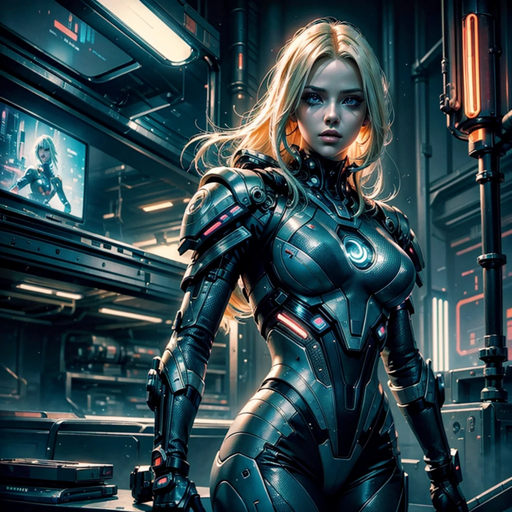 a futuristic cyberpunk woman with blonde hair,beautiful detailed eyes,beautiful detailed lips,extremely detailed face and eyes,longeyelashes,wearing a futuristic uniform,embracing a mysterious android,dimly lit planetary colony,industrial structures,neon lights,impending danger,romantic atmosphere,photorealistic,8k,ultra-detailed,masterpiece,cinematic lighting,dramatic composition,moody colors,neon cyberpunk,science fiction,concept art