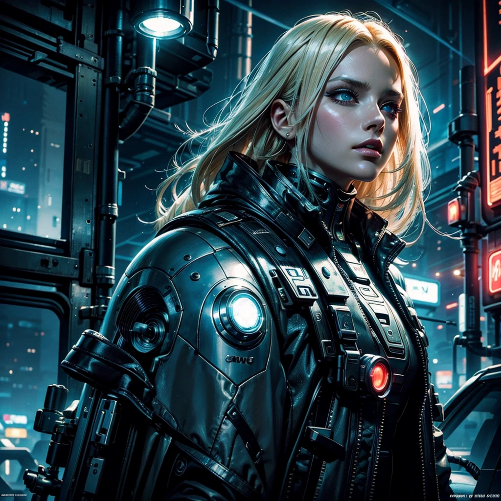 a futuristic cyberpunk woman with blonde hair,beautiful detailed eyes,beautiful detailed lips,extremely detailed face and eyes,longeyelashes,wearing a futuristic uniform,embracing a mysterious android,dimly lit planetary colony,industrial structures,neon lights,impending danger,romantic atmosphere,photorealistic,8k,ultra-detailed,masterpiece,cinematic lighting,dramatic composition,moody colors,neon cyberpunk,science fiction,concept art