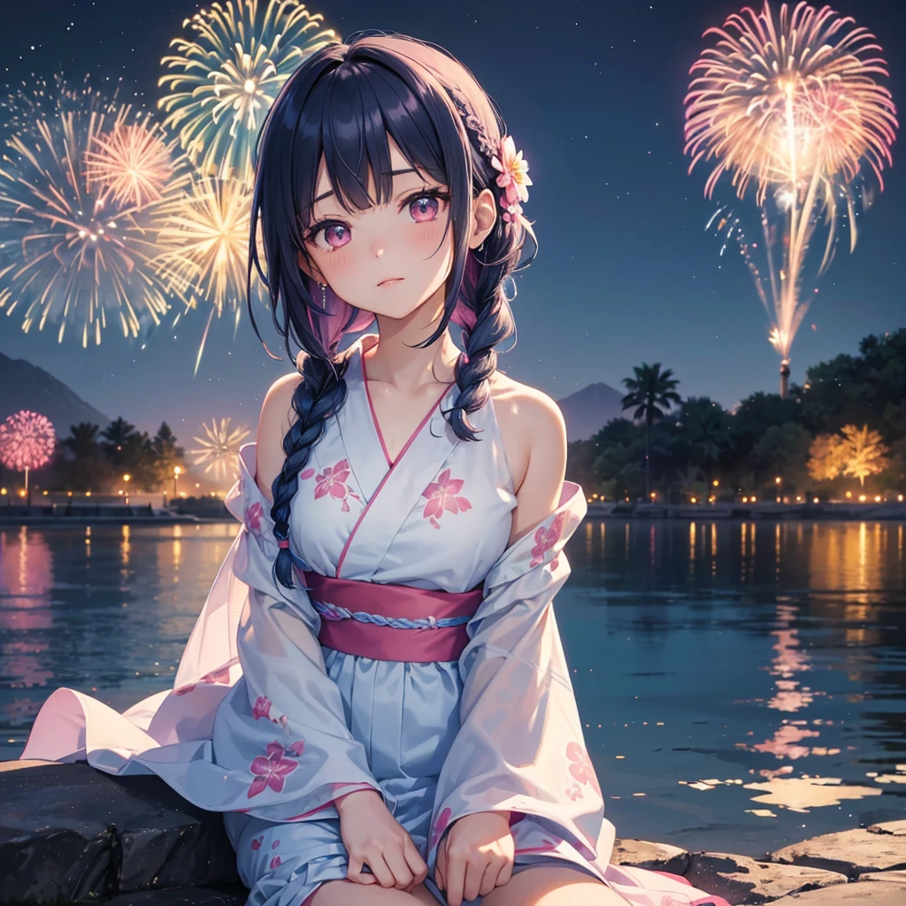 (Sky Blue Medium Hair:1.2), (Braided Hair),(Pink Eyes),Fair skin ,(whole body),(1 girl)、Floral Yukata、summer night、Extra-large fireworks filling the night sky、Big fireworks、Watching the fireworks while sitting next to each other、Straight bangs,(masterpiece, Highest quality, Very detailed, Best Shadow), (Detailed Background), (Beautifully detailed face), High Contrast, (Best lighting, Very delicate and beautiful), ((Cinematic Light)), colorful, Hyper Detail 8k, Dramatic Light, Intricate details,Fireworks reflected on the water surface
