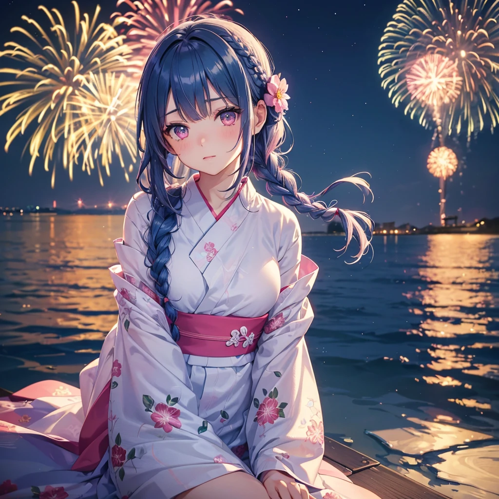 (Sky Blue Medium Hair:1.2), (Braided Hair),(Pink Eyes),Fair skin ,(whole body),(1 girl)、Floral Yukata、summer night、Extra-large fireworks filling the night sky、Big fireworks、Watching the fireworks while sitting next to each other、Straight bangs,(masterpiece, Highest quality, Very detailed, Best Shadow), (Detailed Background), (Beautifully detailed face), High Contrast, (Best lighting, Very delicate and beautiful), ((Cinematic Light)), colorful, Hyper Detail 8k, Dramatic Light, Intricate details,Fireworks reflected on the water surface