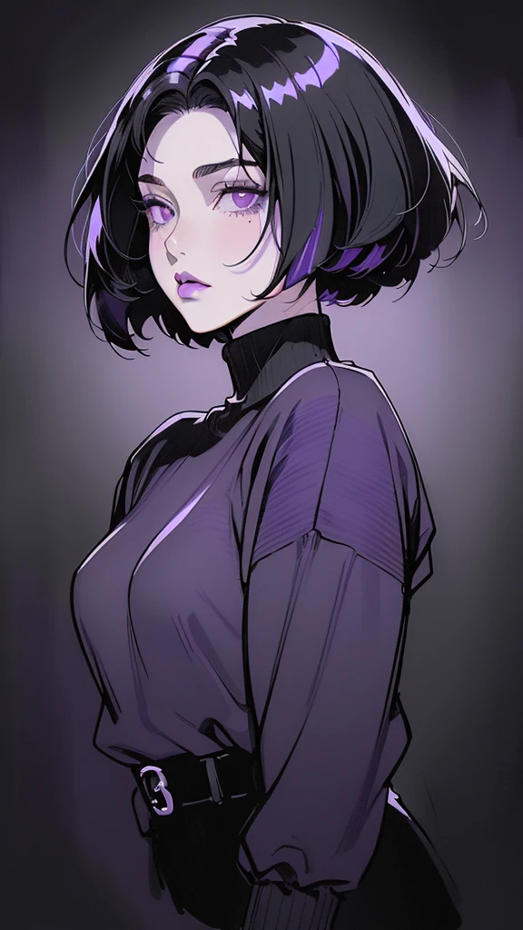 (best quality, sketch:1.2), dark monochrome background, anime,illustrator,anime,1 girl, detailed lips,sweater,custom, ( background dark),neon hair,textured cropping,Canadian, masterpiece, style retro classic, dark, art, sketch book, (bob hair purple:1.35, black:1.55), bad women