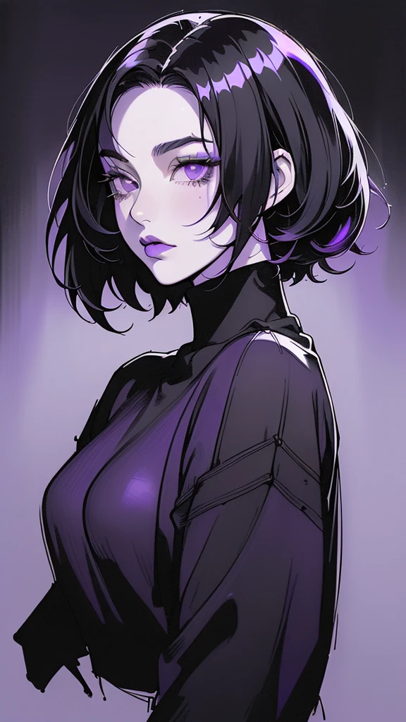 (best quality, sketch:1.2), dark monochrome background, anime,illustrator,anime,1 girl, detailed lips,sweater,custom, ( background dark),neon hair,textured cropping,Canadian, masterpiece, style retro classic, noir dark, art, sketch book, (bob hair purple:1.35, black:1.55), bad women 