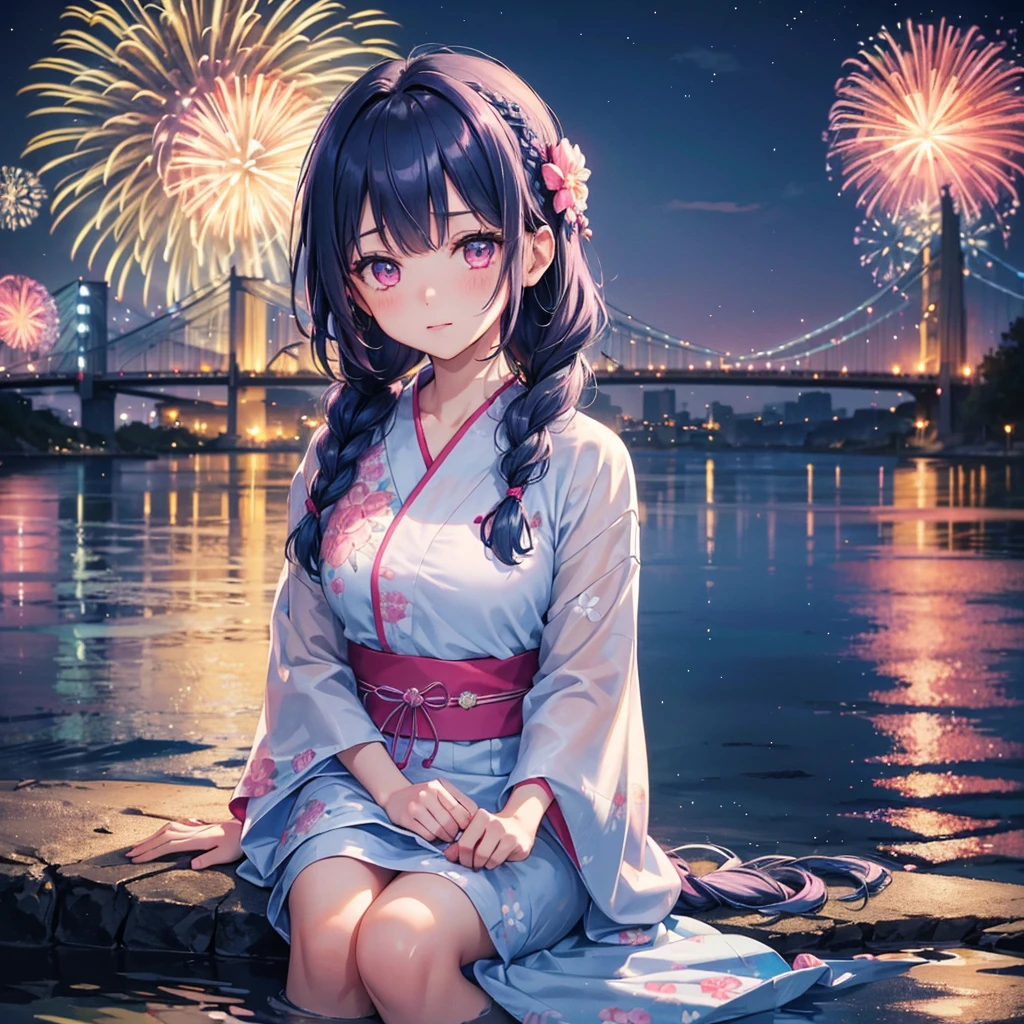 (Sky Blue Medium Hair:1.2), (Braided Hair),(Pink Eyes),Fair skin ,(whole body),(1 girl)、Floral Yukata、summer night、Extra-large fireworks filling the night sky、Big fireworks、Watching the fireworks while sitting next to each other、Straight bangs,(masterpiece, Highest quality, Very detailed, Best Shadow), (Detailed Background), (Beautifully detailed face), High Contrast, (Best lighting, Very delicate and beautiful), ((Cinematic Light)), colorful, Hyper Detail 8k, Dramatic Light, Intricate details,Fireworks reflected on the water surface