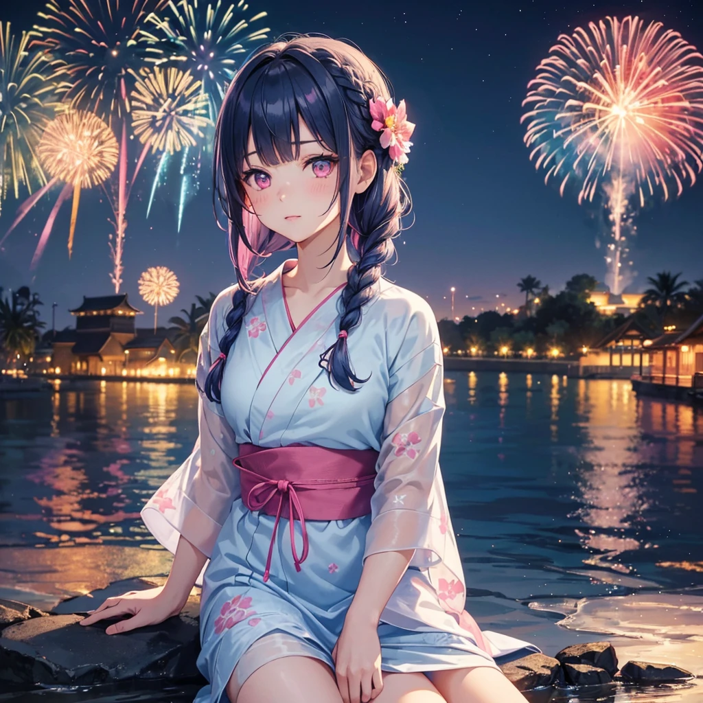 (Sky Blue Medium Hair:1.2), (Braided Hair),(Pink Eyes),Fair skin ,(whole body),(1 girl)、Floral Yukata、summer night、Extra-large fireworks filling the night sky、Big fireworks、Watching the fireworks while sitting next to each other、Straight bangs,(masterpiece, Highest quality, Very detailed, Best Shadow), (Detailed Background), (Beautifully detailed face), High Contrast, (Best lighting, Very delicate and beautiful), ((Cinematic Light)), colorful, Hyper Detail 8k, Dramatic Light, Intricate details,Fireworks reflected on the water surface