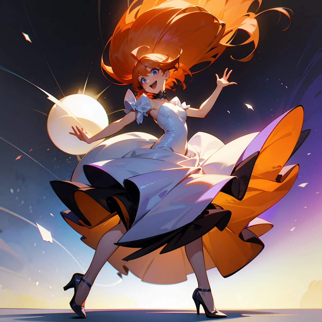 1female, Wild Orange Hair , Purple Ball Gown, Straight Hair, White Heels, Blue Eyes, Laughing, Slender, Adult Female