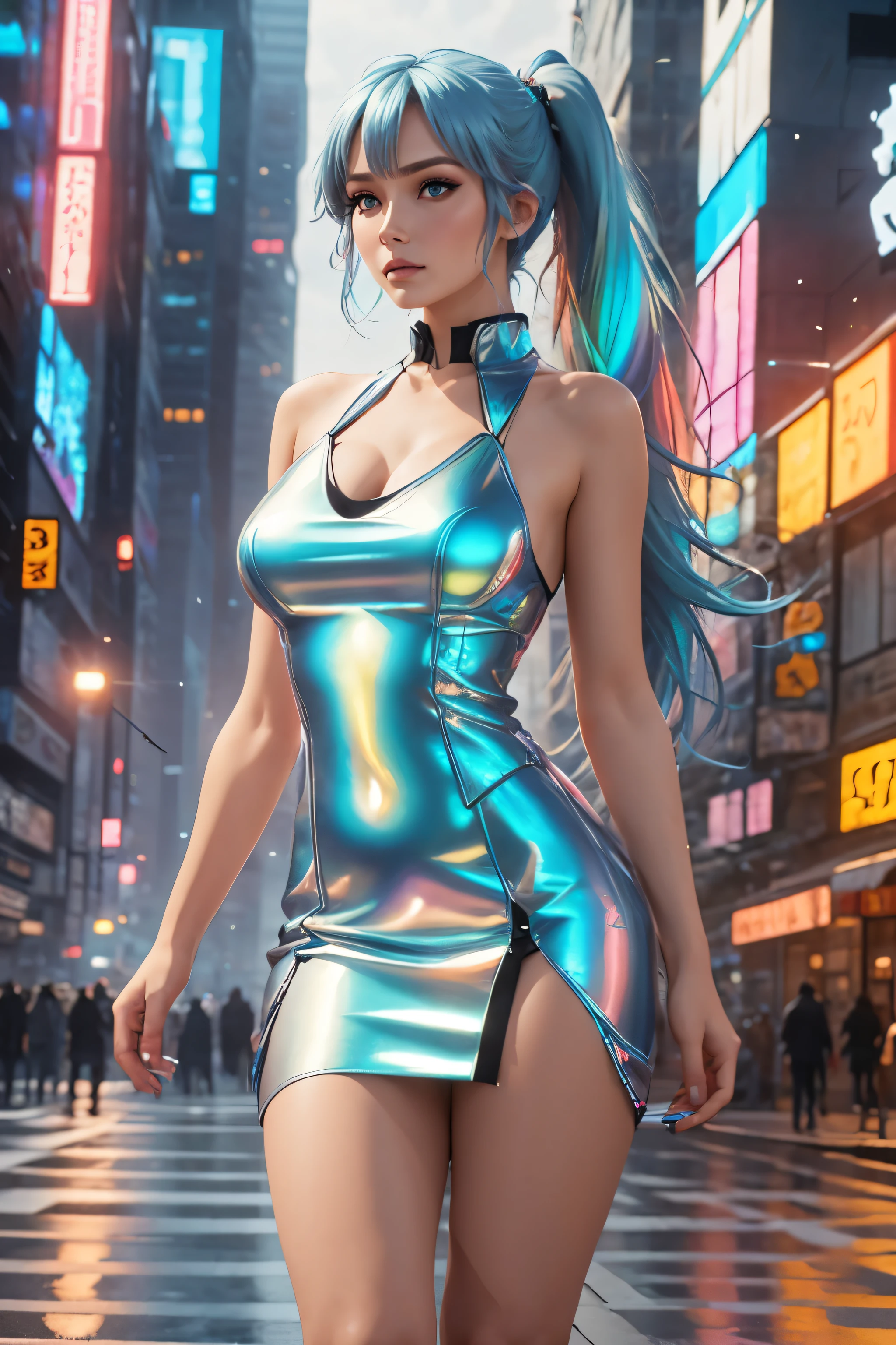 Woman, Blue HAir, Long Hair, Ponytail, Crystal Blue Eyes, ((Very Large Breasts)), Cyberpunk City, ((Iridescent Minidress)), standing in street, ((in the dark)), (at night)