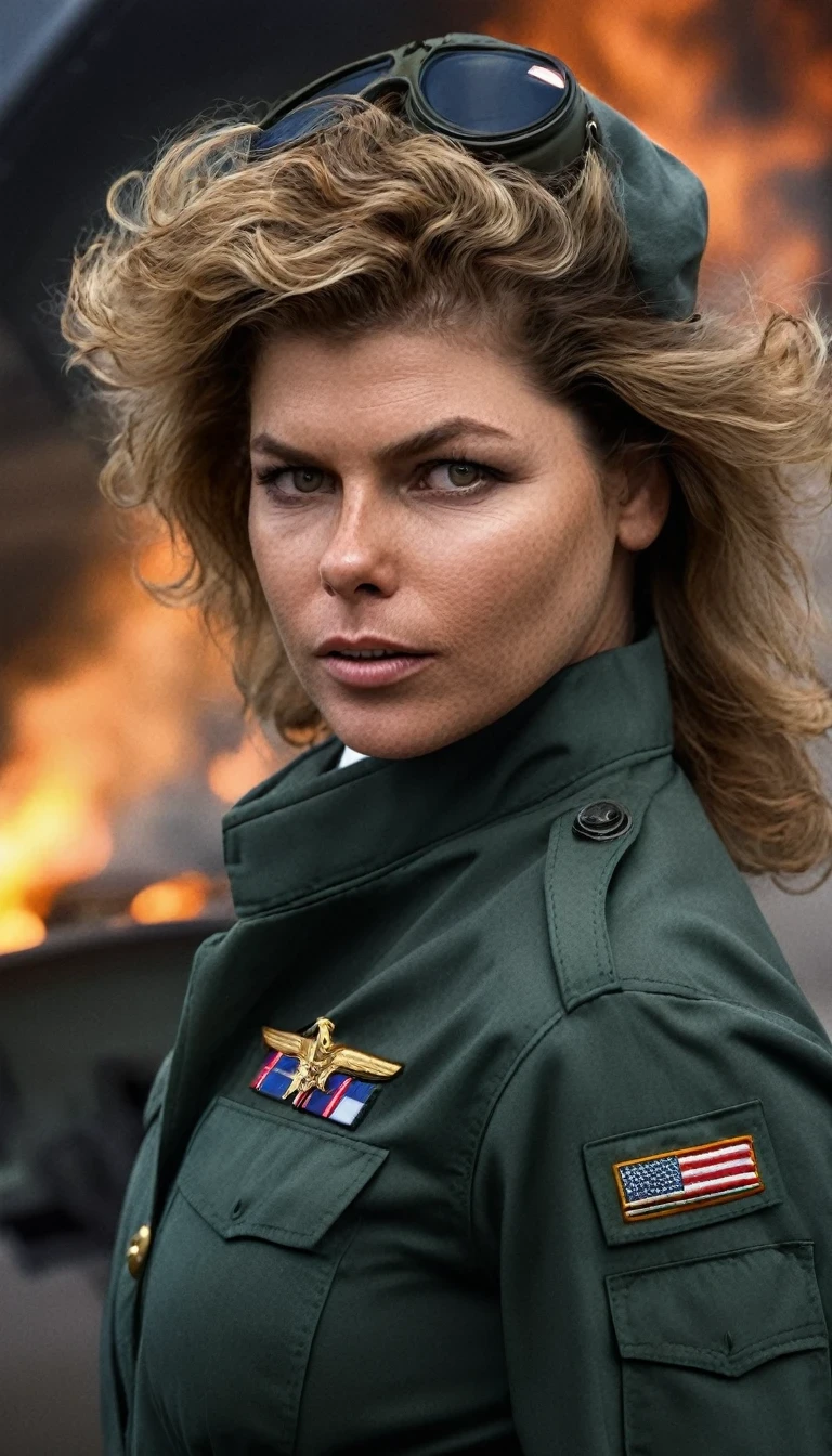 Kelly McGillis, (pilot)), pilot uniform, ((full body military uniform)), pilot,standing on a burning plane, in front of the camera, ((perfect eyes, detailed eyes,realistic eyes)), ((sharp face, detailed face, realistic face, naturtal skin, realistic skin, detailed skin, pores)), (masterpiece, best quality, ultra-detailed, best shadow), high contrast, (best illumination), ((cinematic light)), colorful, hyper detail, dramatic light, intricate details, (1 girl, solo) , ultra detailed artistic photography, dreamy, backlit, shadows, ultra high definition, 8k, ultra sharp focus, ultra high quality model, soft lighting, film photography, analogue photography, hyperrealism,