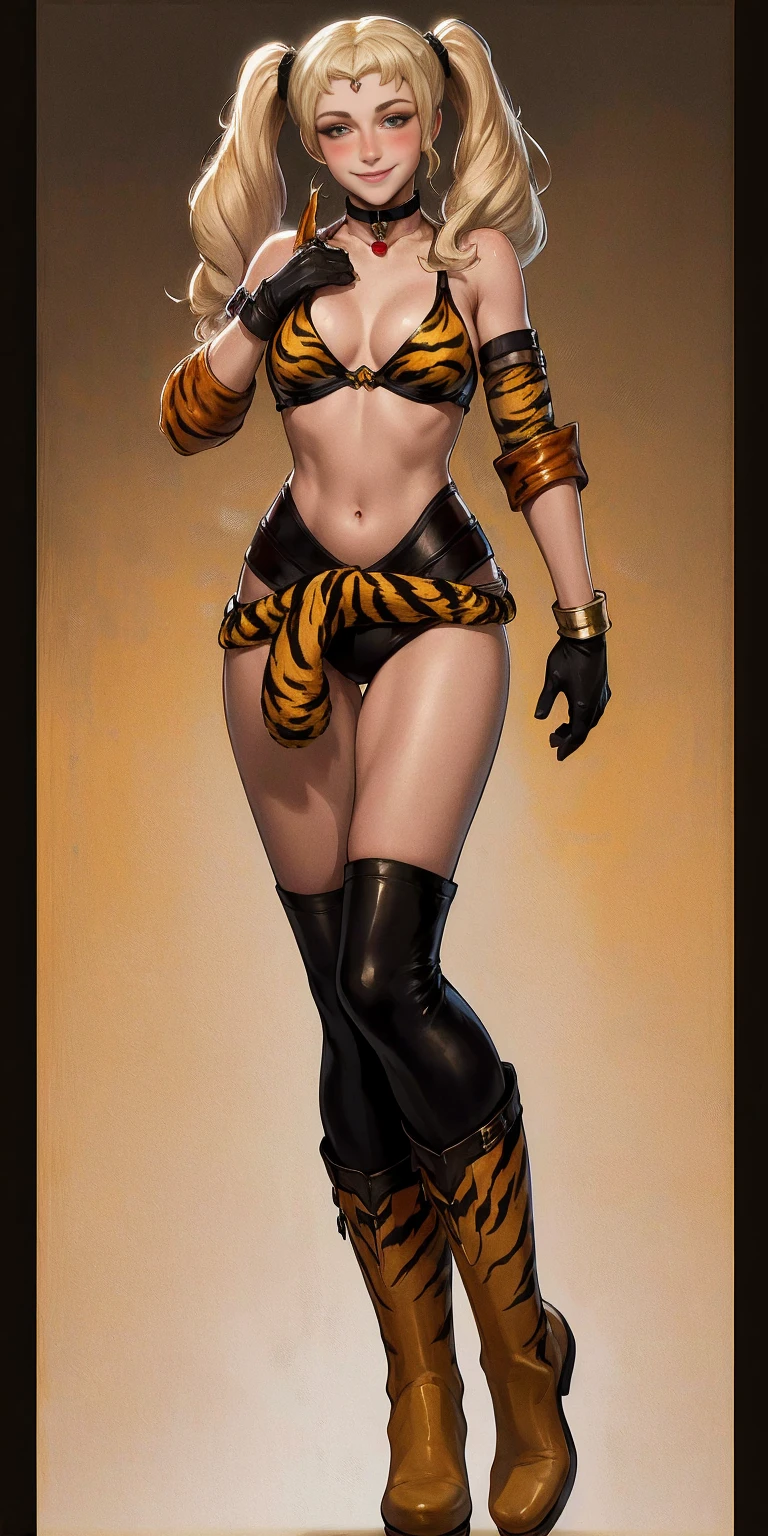 1girl, Forrest from Fire Emblem brown boots, brown gloves blonde twintails, full body, female BIMBO yellowish tiger print bikini, hands on waist, navel, lustful smirking smiling, smile face, red blushed, red cheeks, gold sleeveless armbands, black leather choker collar, sleeves bracelets wristband, leather corset