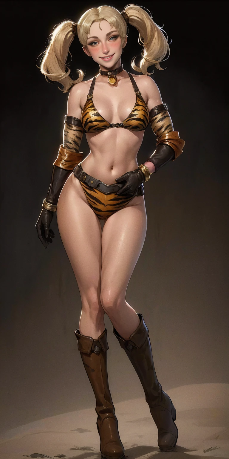 1girl, Forrest from Fire Emblem brown boots, brown gloves blonde twintails, full body, female BIMBO yellowish tiger print bikini, hands on waist, navel, lustful smirking smiling, smile face, red blushed, red cheeks, gold sleeveless armbands, black leather choker collar, sleeves bracelets wristband, leather corset