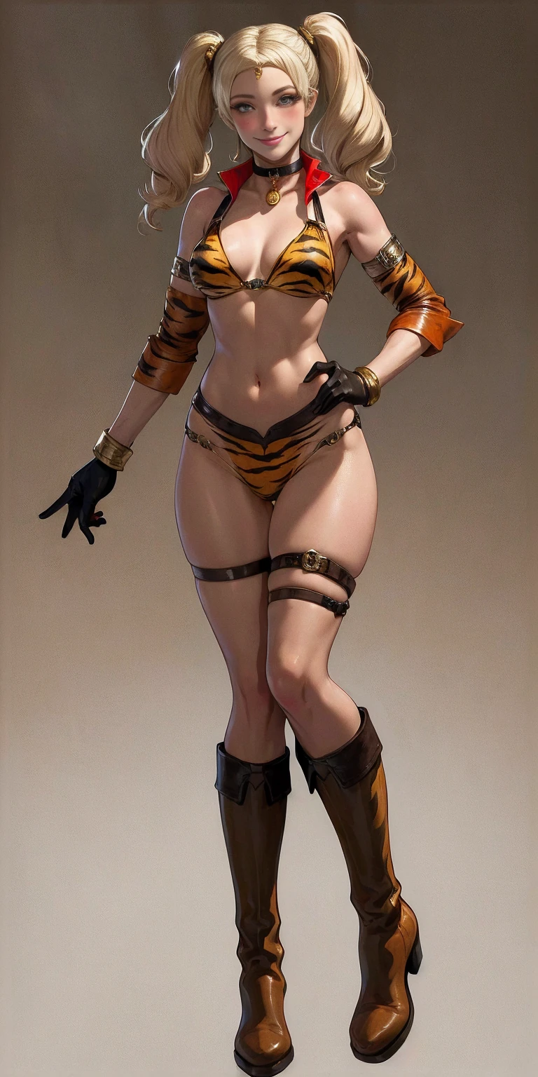 1girl, Forrest from Fire Emblem brown boots, brown gloves blonde twintails, full body, female BIMBO yellowish tiger print bikini, hands on waist, navel, lustful smirking smiling, smile face, red blushed, red cheeks, gold sleeveless armbands, black leather choker collar, sleeves bracelets wristband, leather corset