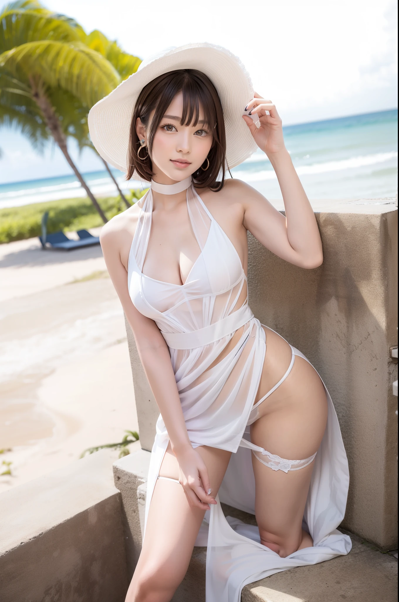 (best quality:1.5), (masterpiece:1.5), full body, very detailed, high resolution, 8k, cute Japanese woman, cute 27 year old beauty, slim body, (slightly saggy medium breasts), thin lips, detailed face, Beautiful and elegant face, cute face, natural bangs, arched eyebrows, well-groomed eyebrows, (big eyes with a good balance between the left and right sides), cute eyes, beautiful eyes, beautiful thin nose, beautiful face line, (beautiful skin), medium Hair, (natural bangs), (looking at the camera with a Gentle smile), beautiful legs, smooth skin skin, fair skin, Beautiful breasts, (Slender body:1.5), (Slim waist), (slim hips), ((slim Butt)), cleavage, (Natural Light:0.8), (lighting forward:0.8), (lighting front:0.8), (Flat lighting:0.8), Gentle smile, Detailed fingers, beautiful hands, (marybayv1), (see-through white panties:1.8), (thigh strap), (sleeveless halter dress:1.8), (see-through dress:1.8), (Tropical beach), (Beautiful beach), white hat with blue flower, earrings with jewelry, Show panties,