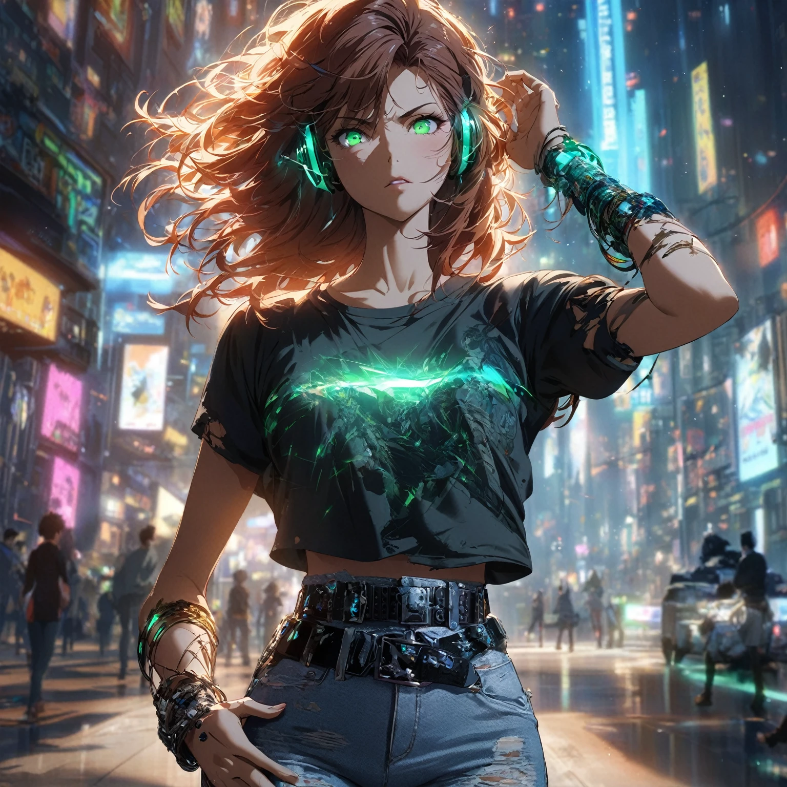 A girl with Echo Flux Control, tousled auburn hair, falling loosely around her shoulders, bright green eyes, reflecting sound waves, a slender, athletic build, wearing a casual outfit of a fitted, graphic t-shirt, and distressed jeans, (nude:0.8), with a pair of sleek, intricate mechanical bracelets on each wrist, a high-tech belt with glowing accents, and a set of advanced ear cuffs, always in use, her stance relaxed yet poised, standing in a bustling urban street, neon signs flickering in the background, with subtle sound wave distortions around her, hinting at her power, striking a dynamic pose with one hand extended forward, as if channeling or manipulating sound waves, while the other hand rests casually on her hip, city lights casting dynamic reflections and shadows, detailed gorgeous face| anime style| key visual| intricate detail| highly detailed| breathtaking| vibrant| panoramic| cinematic| Carne Griffiths| Conrad Roset| gibbli 8k.