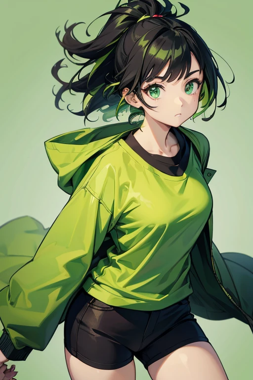 Anime woman who has black hair with green highlights, he wears a light green t-shirt, and wears a green coat