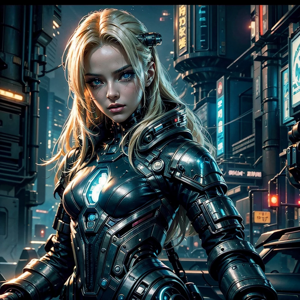 a futuristic cyberpunk woman with blonde hair,beautiful detailed eyes,beautiful detailed lips,extremely detailed face and eyes,longeyelashes,wearing a futuristic steampunk uniform,embracing a mysterious android,dimly lit planetary colony,industrial structures,neon lights,impending danger,romantic atmosphere,photorealistic,8k,ultra-detailed,masterpiece,cinematic lighting,dramatic composition,moody colors,neon cyberpunk,science fiction,concept art