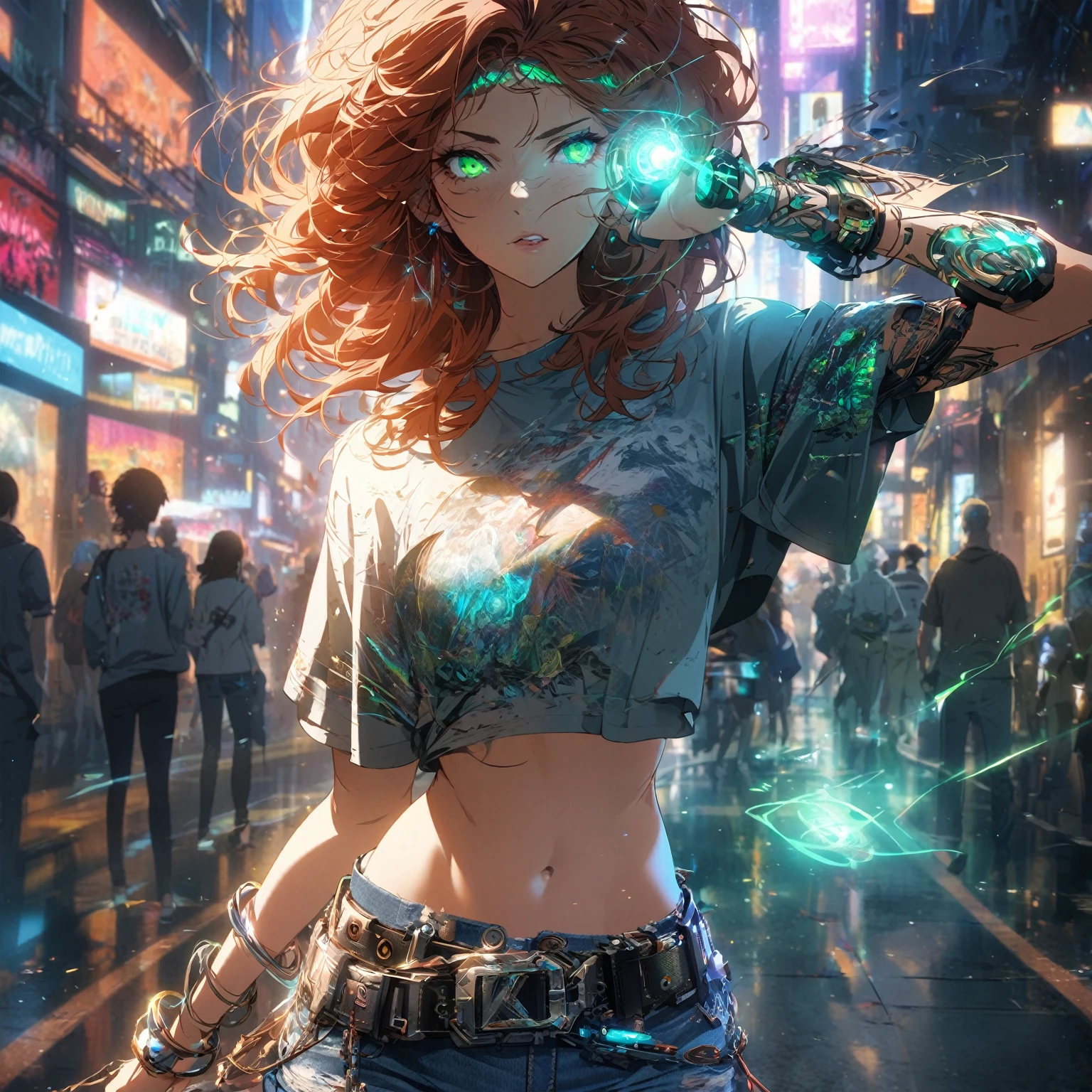 A girl with Echo Flux Control, tousled auburn hair, falling loosely around her shoulders, bright green eyes, reflecting sound waves, a slender, athletic build, wearing a casual outfit of a fitted, graphic t-shirt, and distressed jeans, (nude:0.8), with a pair of sleek, intricate mechanical bracelets on each wrist, a high-tech belt with glowing accents, and a set of advanced ear cuffs, always in use, her stance relaxed yet poised, standing in a bustling urban street, neon signs flickering in the background, with subtle sound wave distortions around her, hinting at her power, striking a dynamic pose with one hand extended forward, as if channeling or manipulating sound waves, while the other hand rests casually on her hip, city lights casting dynamic reflections and shadows, detailed gorgeous face| anime style| key visual| intricate detail| highly detailed| breathtaking| vibrant| panoramic| cinematic| Carne Griffiths| Conrad Roset| gibbli 8k.