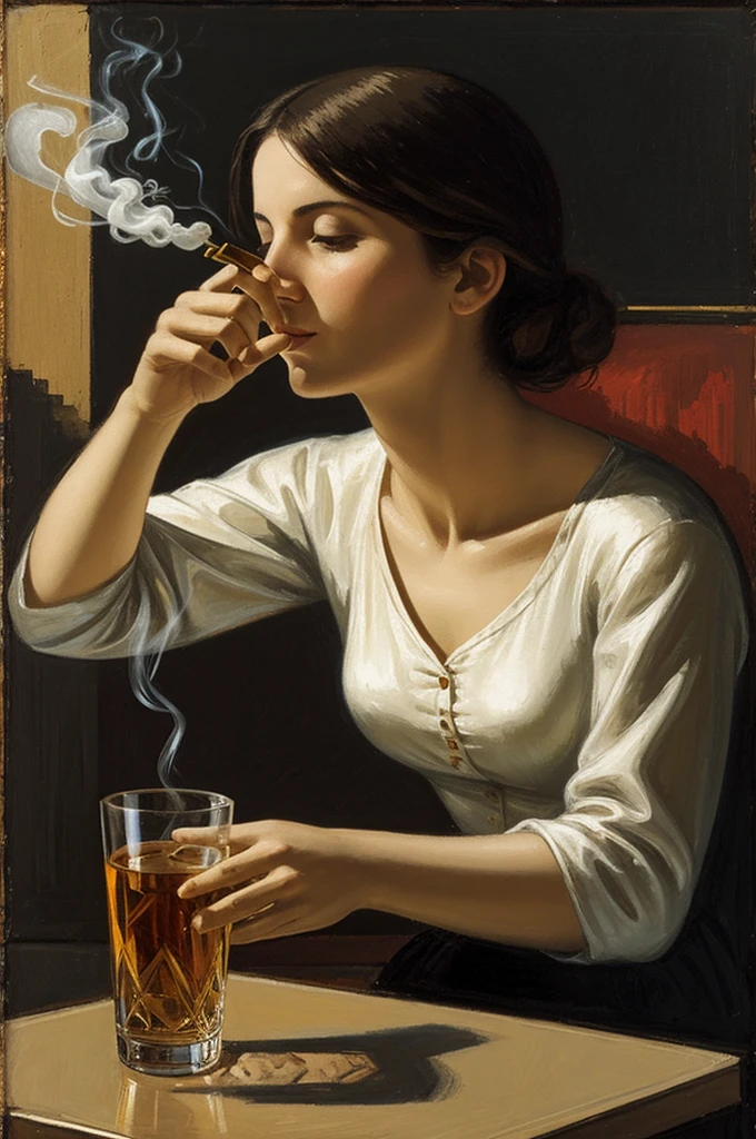 Woman smoking and toasting with an abstract Phrygian glass