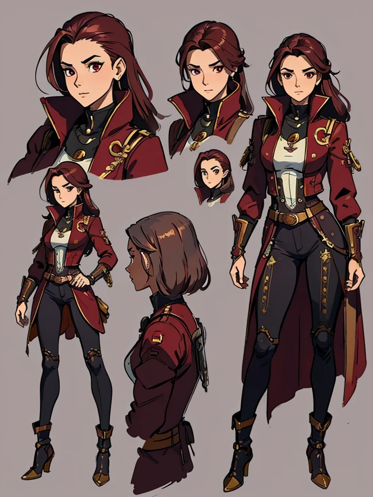 (masterpiece, best quality, character design plug, character reference sheet, concept art, same character, detailed face, super detailed, advanced details, highest quality, high resolution, 8K) full body female wearing a maroon and gold and futuristic and modern navigator pirate steampunk clothes, Portugal theme, long maroon hair, light grey background color
