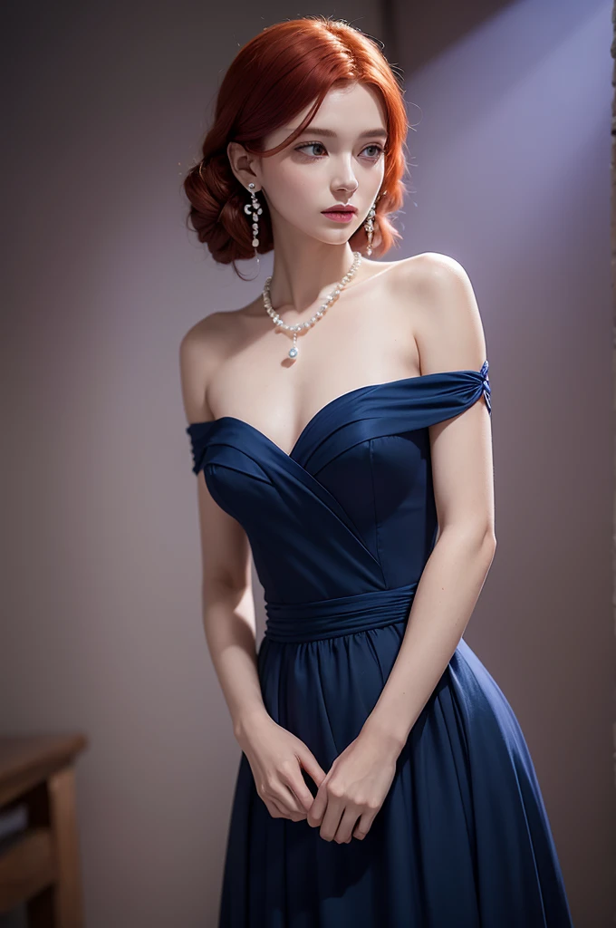  redhead in long dark blue dress, tending towards violet. The tight waist, and the satiny tail, Slightly wavy.  
hairpins embedded with pearls in your hair.
With small, delicate pearl earrings and a necklace whose chain was so thin that the pearls 