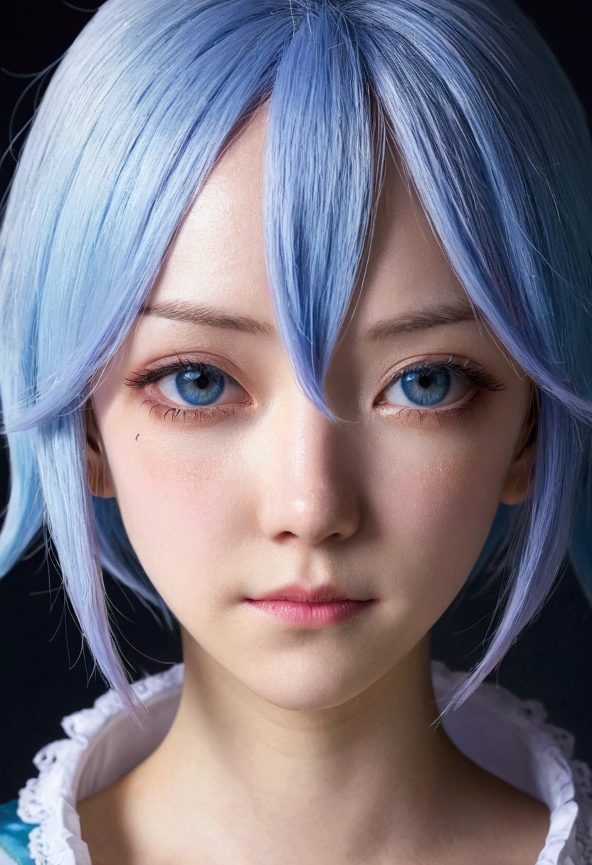 a girl with a small hairs covering one of her eyes like rem from rezero