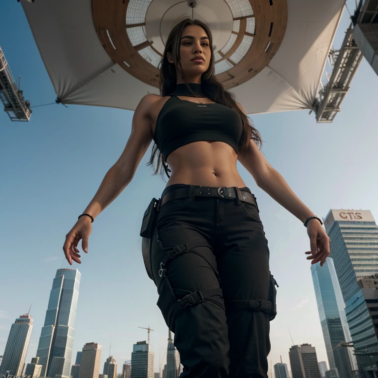 Lara croft ,Full body photo,gtscity,skyscraper, giga gigantess (Long legs:1.2), Extremely tall girl,Beautiful looks,No branding,Perfect lighting,Cinematic quality, 8K, High quality, (GTS:1.5), down view, building seat, belly,